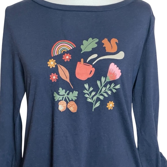 LOFT Outlet Navy Blue Garden Nature Graphic Top 3/4 Tie Sleeves Small Flower - Picture 2 of 9
